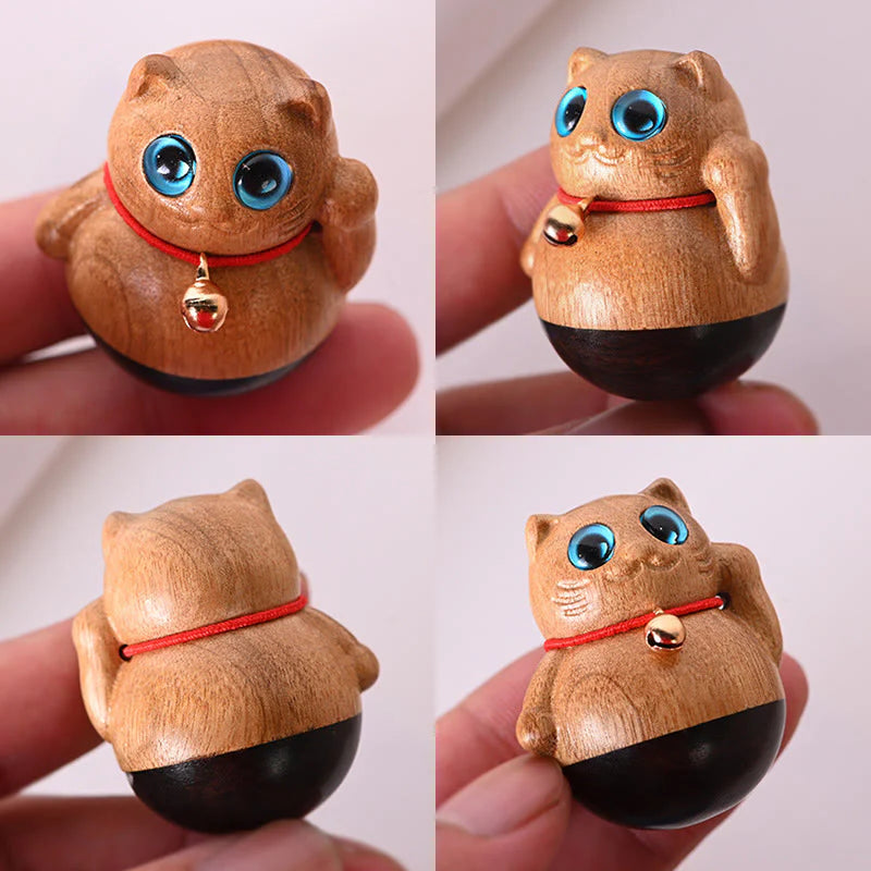 Buddha Stones Mini Lucky Cat Kitten Phoebe Zhennan Wood Blessing Decoration