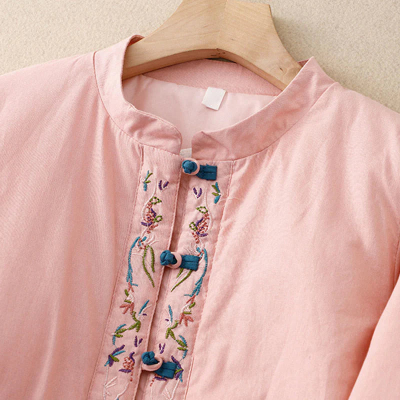 Buddha Stones Winter Flower Embroidery Frog-Button Long Sleeve Women's Thermal Jacket