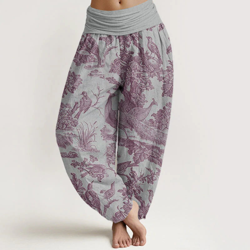 Buddha Stones Cotton Birds Trees Branches Pattern Women's Elastic Waist Harem Pants