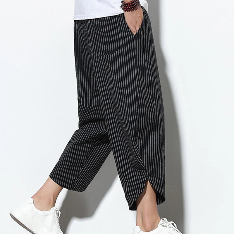 Buddha Stones Summer Stripes Pattern Drawstring Cotton Linen Men's 7-8 Length Harem Pants With Pockets