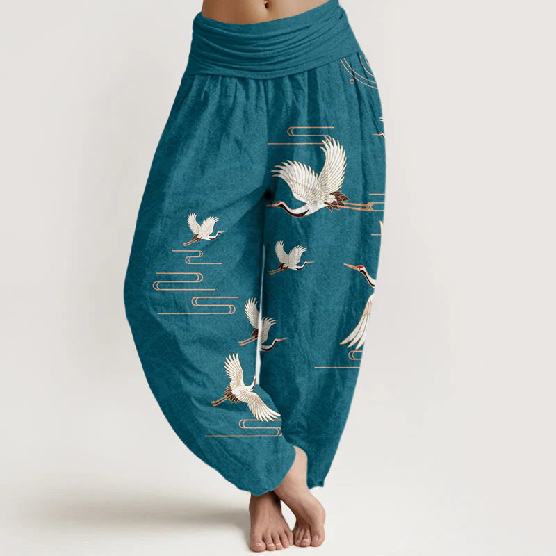 Buddha Stones Print Cranes Wave Pattern Women's Elastic Waist Harem Pure Cotton Pants
