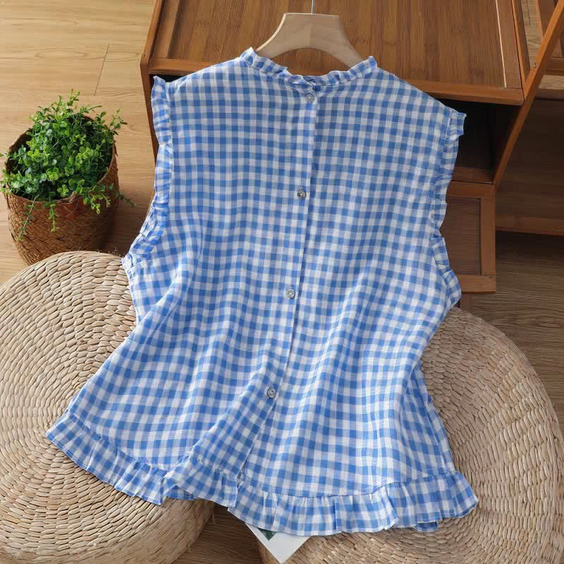 Buddha Stones Summer Plaid Ruffled Crew Neck Back Button Design Women's Sleeveless T-Shirt