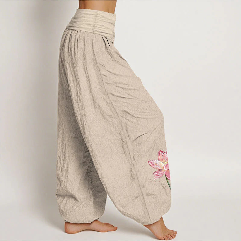 Buddha Stones Cotton Lotus Flower Sun Pattern Women's Elastic Waist Harem Pants