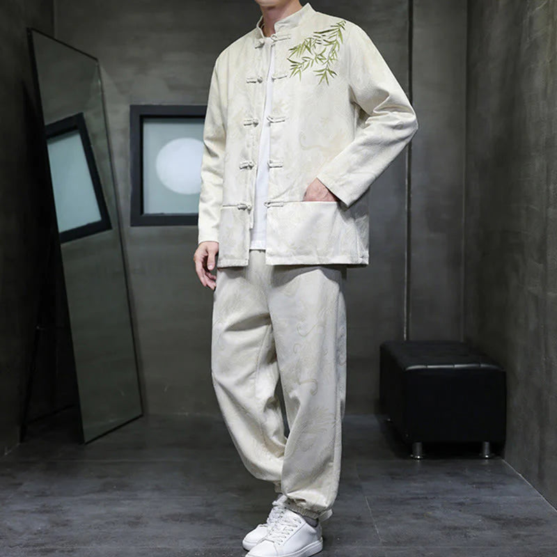 Buddha Stones 2Pcs Spring Dragon Bamboo Clouds Men's Tang Suit Frog-Button Cotton Long Sleeve Jacket Pants Set With Pockets