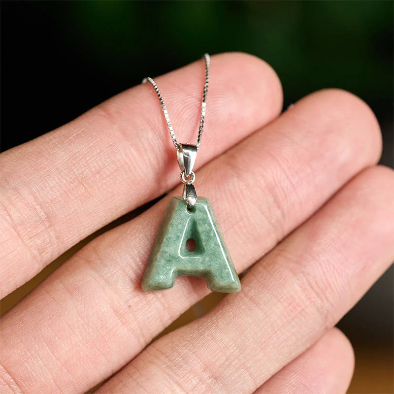 Buddha Stones Natural A-Z Letter Jade 925 Sterling Silver Silm Chain Prosperity Necklace Pendant
