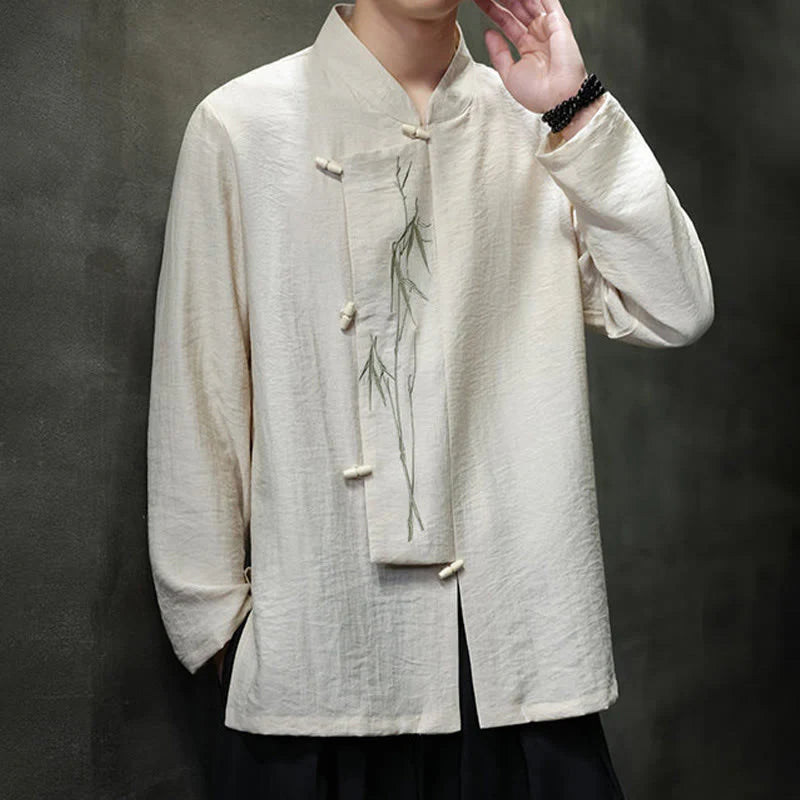 Buddha Stones Fall Solid Color Bamboo Leaf Embroidery Men's Long Sleeve Cotton Linen Shirt