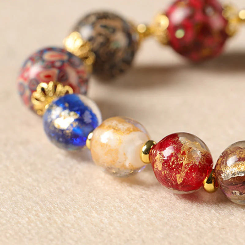 Buddha Stones Colorful Liuli Glass Sandalwood Gourd Bead Lacquer Craft Bracelet