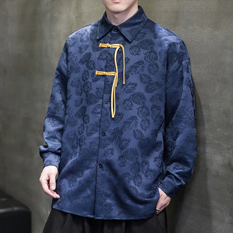 Buddha Stones Frog-Button Leaves Pattern Long Sleeve Men's Tang Suit Jacket