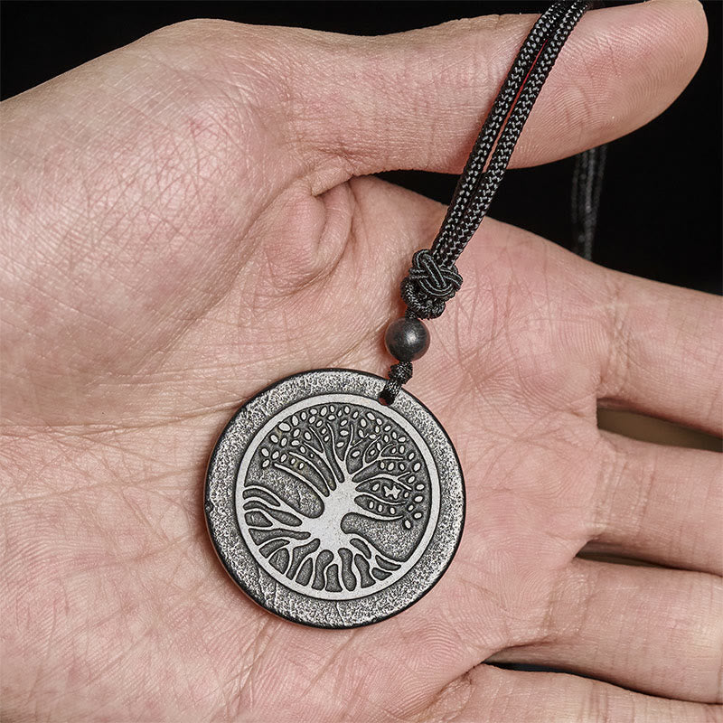 Buddha Stones The Tree of Life Carving Pattern Authentic Shungite Stone Protection Necklace Pendant