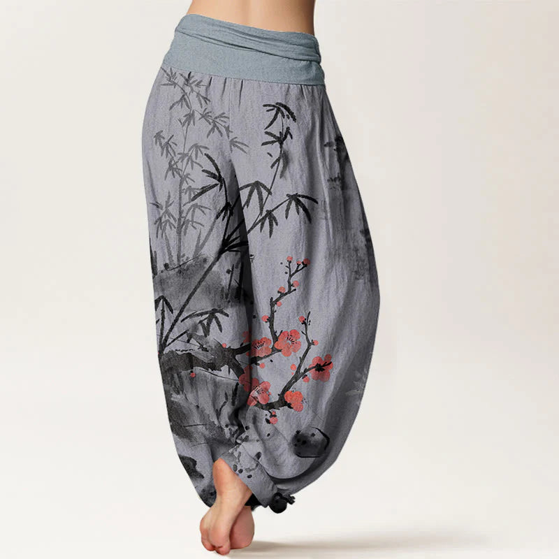 Buddha Stones Cotton Plum Blossoms Bamboo Orchids Chrysanthemums Pattern Women's Elastic Waist Harem Pants