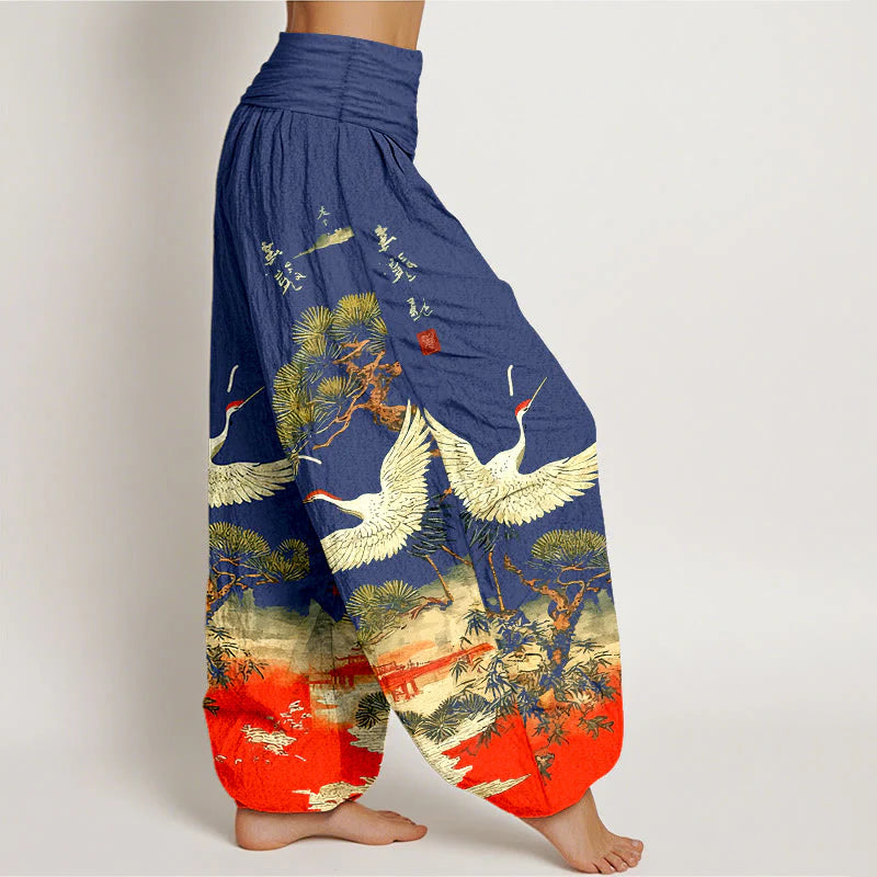 Buddha Stones Pure Cotton Vivid Crane Pine Tree Pattern Women's Elastic Waist Harem Pants