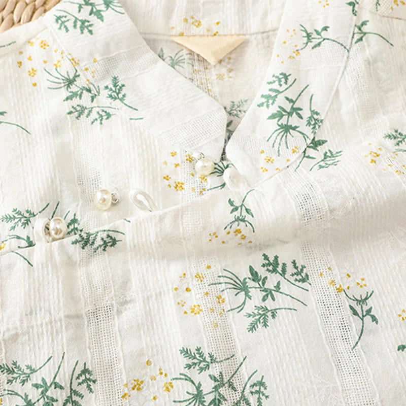 Buddha Stones Retro Printing Floral Plant Pattern Chinese Frog-Button Design Women's Cotton Sleeveless Vest