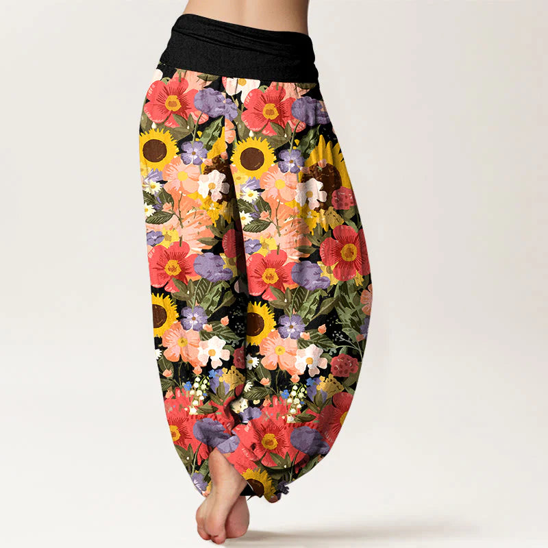 Buddha Stones Pure Cotton Colorful Sunflower Daisy Small Red Purple Flowers Pattern Women's Elastic Waist Harem Pants