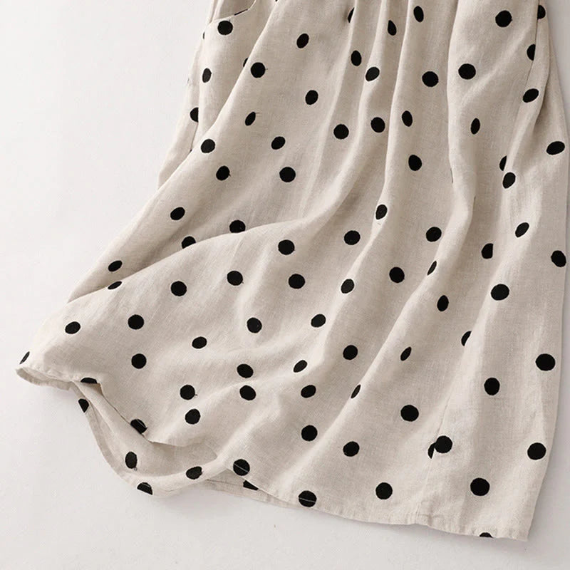 Buddha Stones Polka Dot V-Neck Lace-up Cotton Linen Women's Midi Dress With Pockets