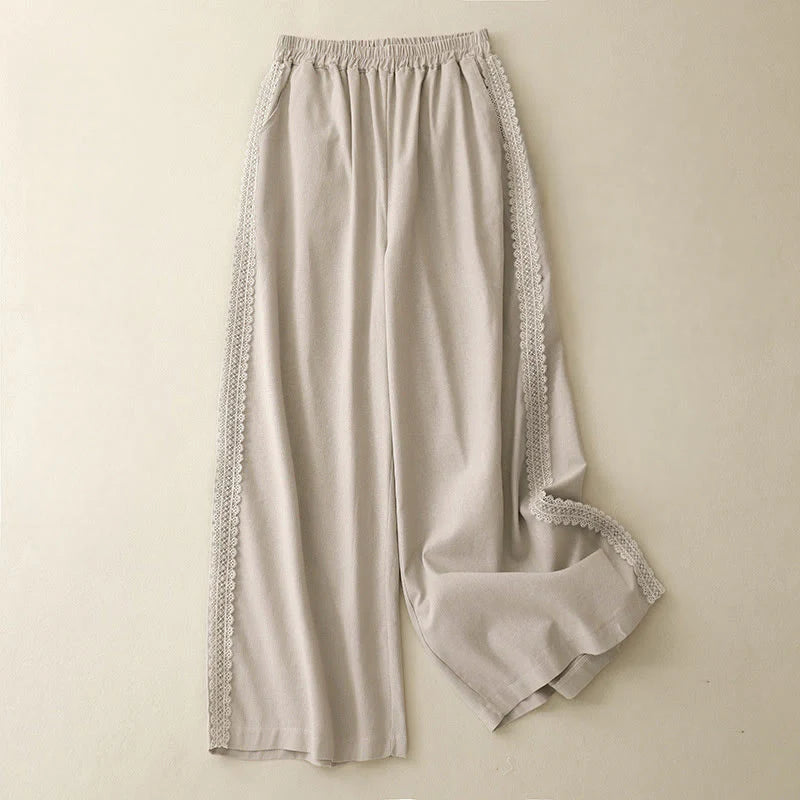 Buddha Stones Plain Color Lace Stitching Cotton Linen Women's Wide Leg Pants With Pockets