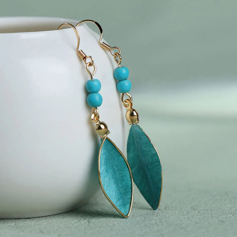 Buddha Stones Boho Handcrafted Silk Art Bead Leave Shape Good Fortune Hook Dangle Earrings