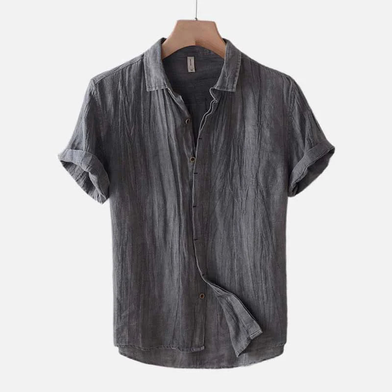 Buddha Stones Men's Shirt Solid Color Lapel Top Short Sleeve Comfy Button Crease Cotton Linen Shirt