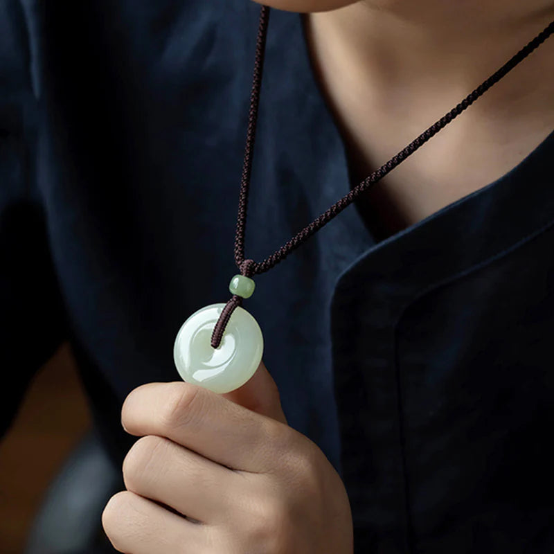 Buddha Stones Natural Round Jade Peace Buckle Luck Prosperity Necklace Pendant