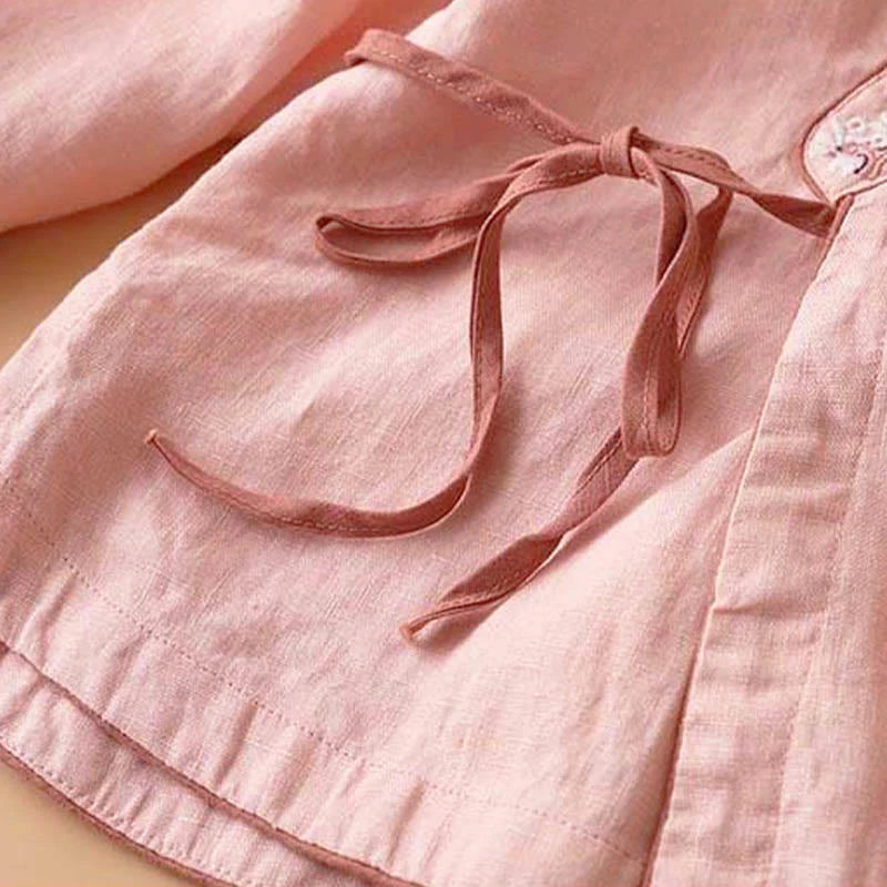 Buddha Stones Casual Embroidered Flowers Slant Collar Strap Long Sleeve Cotton Women's Shirt