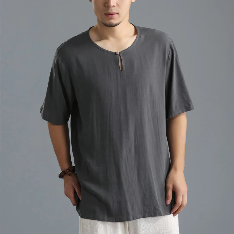 Buddha Stones Men's Solid Color Round Neck Short Sleeve CottonÂ Linen Shirt