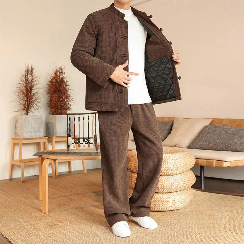 Buddha Stones 2Pcs Winter Solid Men's Tang Suit Frog-Button Cotton Long Sleeve Jacket Pants Set With Pockets