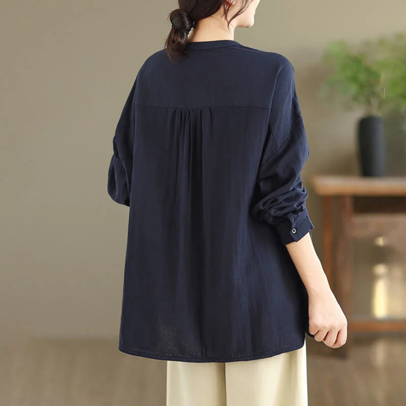 Buddha Stones Fall Embroidery Human Figure Dog Pattern Round Neck Buttons Women's Long Sleeve Shirt