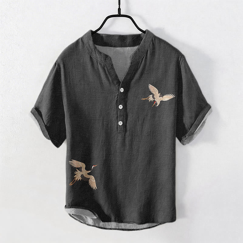 Buddha Stones Cotton Simple Crane Red Sun Pine Pattern Men's Short Sleeve Half Button Shirt
