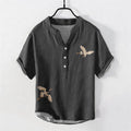 Buddha Stones Cotton Simple Crane Red Sun Pine Pattern Men's Short Sleeve Half Button Shirt