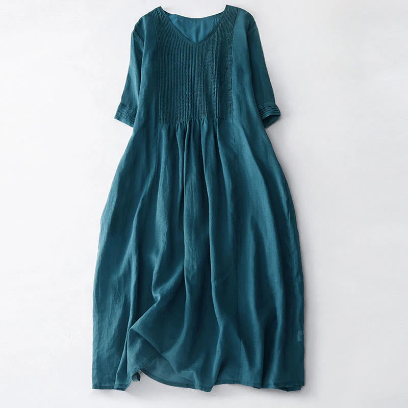 Buddha Stones Casual Accordion Pleat Plain V-neck Short Sleeve Cotton Midi Dress With Pockets