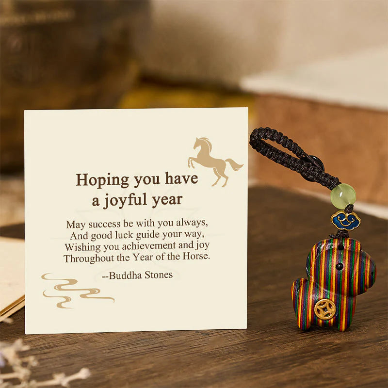 Buddha Stones Hoping You Have a Joyful Year Year of the Horse Rainbow Eucalyptus Small Leaf Red Sandalwood Key Chain Includes Gift Message Card