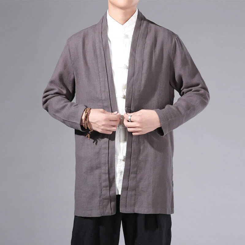Buddha Stones Plain Simple Design Open Front Cotton Linen Men's Long Sleeve Jacket Kimono