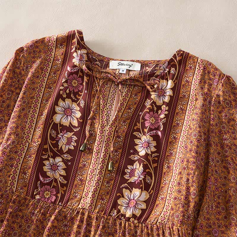 Buddha Stones Fall Boho Floral Paisley Cotton Bracelet Sleeve Women's Mini Dress with Puff Sleeves and Tie Neck