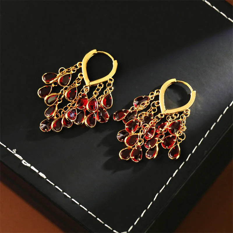 Buddha Stones Red Water Droplet Tassel Healing Copper Hoop Earrings