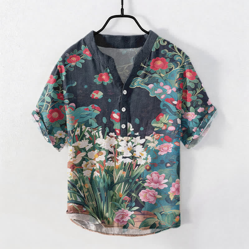 Buddha Stones Cotton Tropical Floral Print Men's Short Sleeve Half Button Shirt
