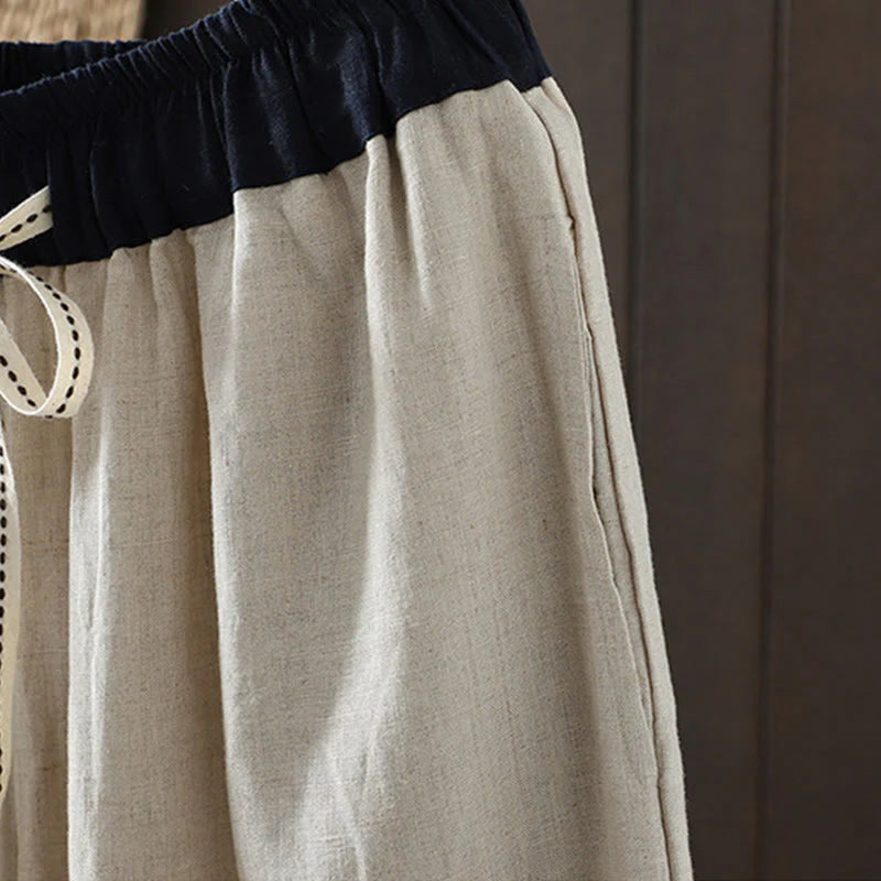 Buddha Stones Casual Splicing Color Rope Women's Cotton Straight-leg Pants With Pockets