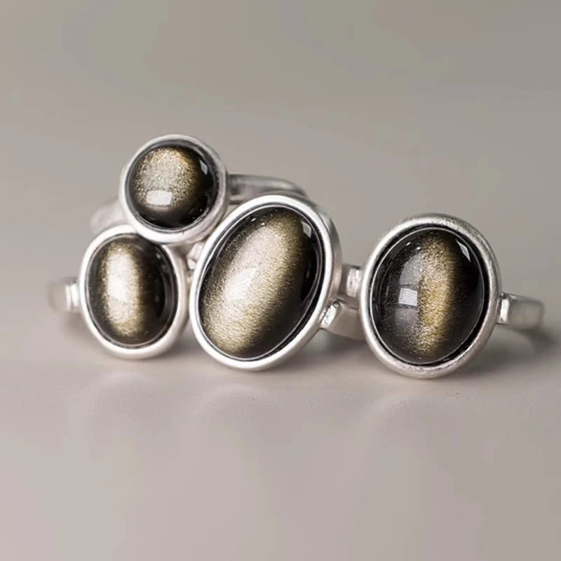 Buddha Stones Natural 925 Sterling Silver Gold Sheen Obsidian Adjustable Wealth Ring