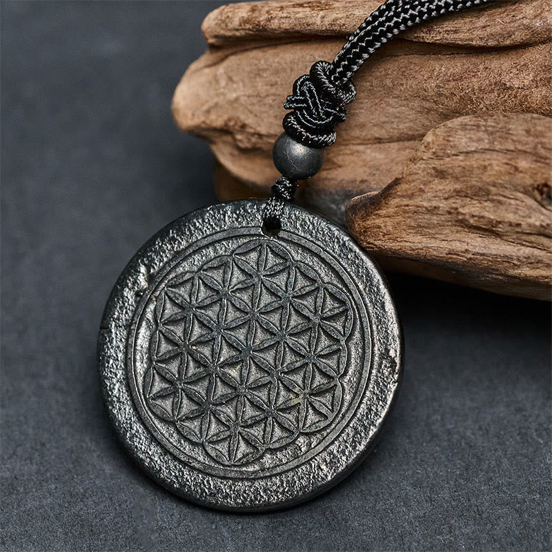 Buddha Stones Flower of Life Carving Design Authentic Shungite Stone Protection Necklace Pendant