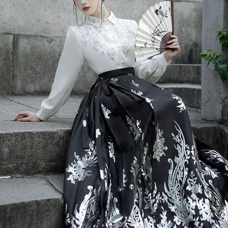 Buddha Stones Flowers Leaves Feathers Long Sleeve Shirt Top Chinese Hanfu Ming Dynasty Horse Face Skirt Mamianqun Skirt (Extra 30% Off | USE CODE: FS30)