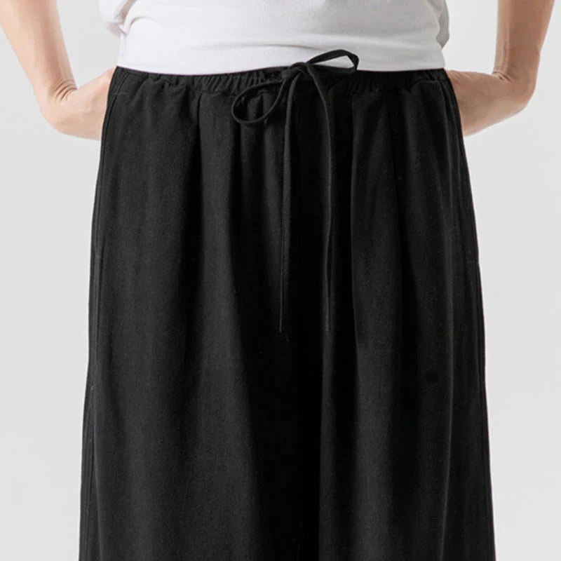 Buddha Stones Summer Plain Drawstring Design Linen Cotton Men's 7-8 Length Pants With Pockets