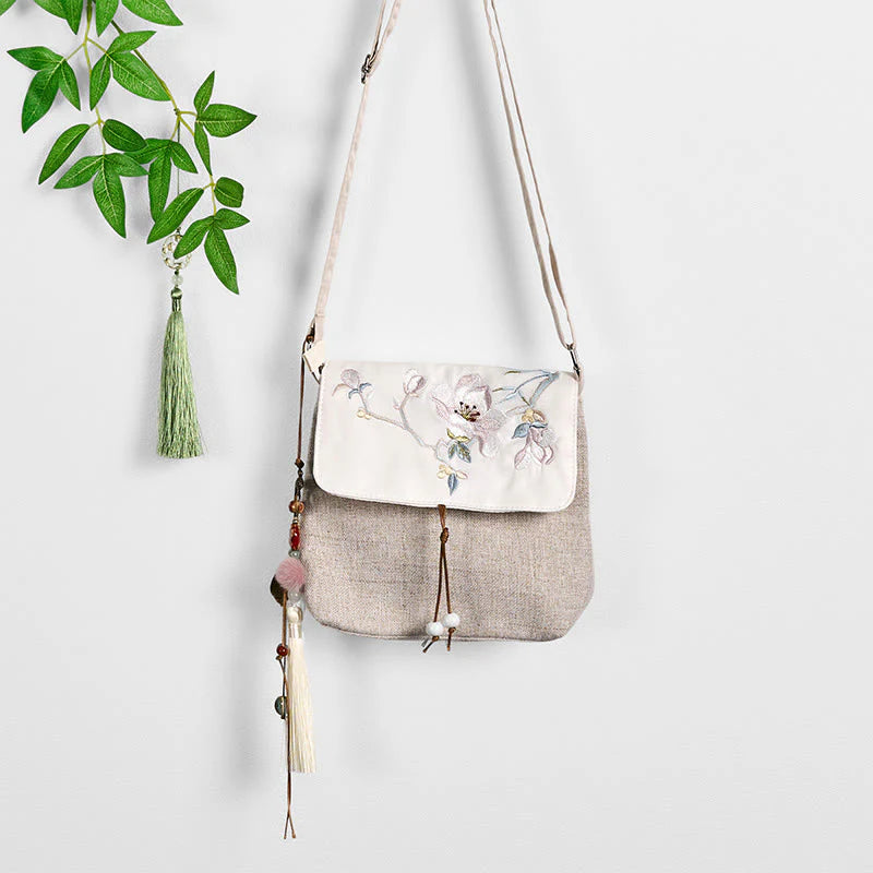Buddha Stones Handmade Magnolia Embroidered Large Capacity Polyester Canvas Backpack