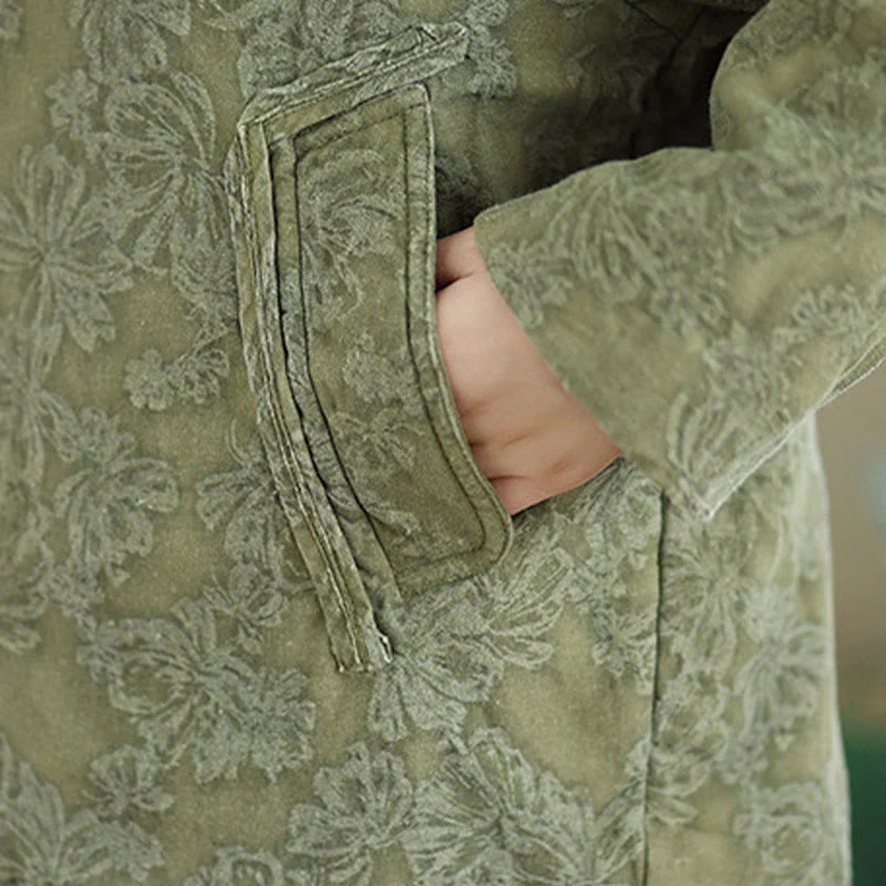 Buddha Stones Winter V-Neck Jacquard Frog-Button Cotton Long Sleeve Women's Thermal Jacket With Pockets