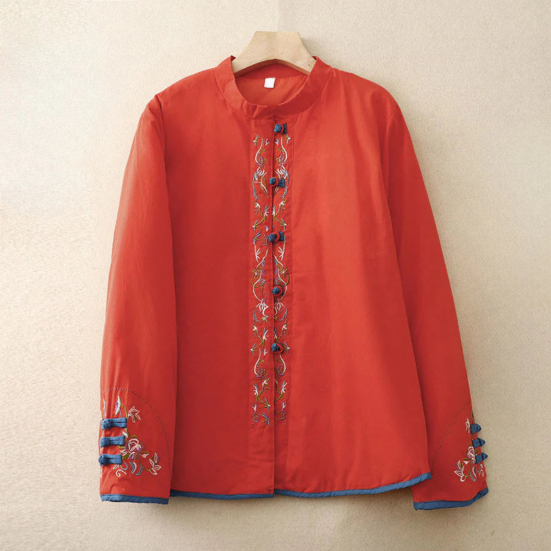 Buddha Stones Winter Flower Embroidery Frog-Button Long Sleeve Women's Thermal Jacket