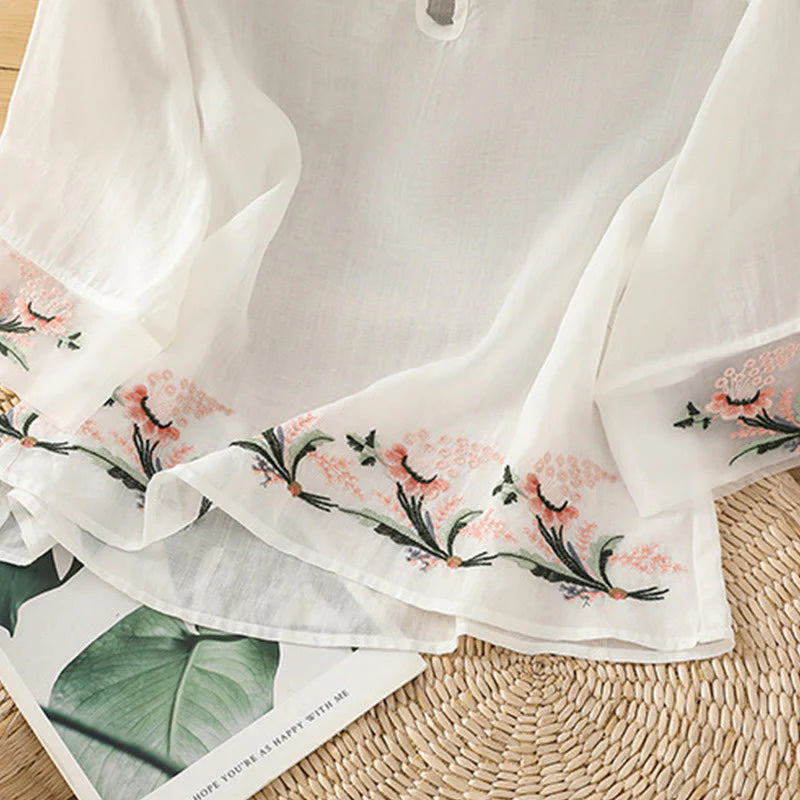 Buddha Stones Casual Floral Embroidery Crew Neck Women's Frog-Button Polyester Half Sleeve Shirt