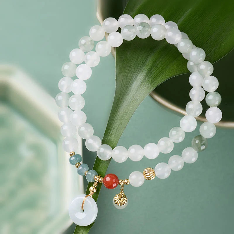 Buddha Stones Jade Peace Buckle Luck Abundance Double Wrap Bracelet