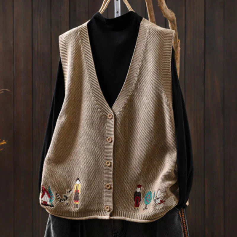 Buddha Stones Figure Rabbit Tree Embroidery Buttons Women's Sleeveless Cotton Knitted Vest Waistcoat
