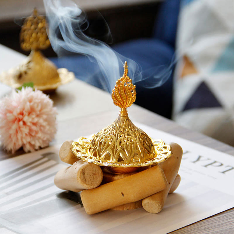 Buddha Stones Gold Alloy Healing Mini Incense Burner With Wooden Coaster Home Decor