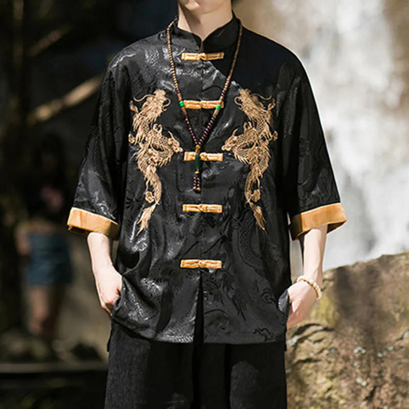 Buddha Stones Embroidered Dragon Pattern Colorblock Design Tang Suit Men's Frog-Button Half Sleeve Shirt