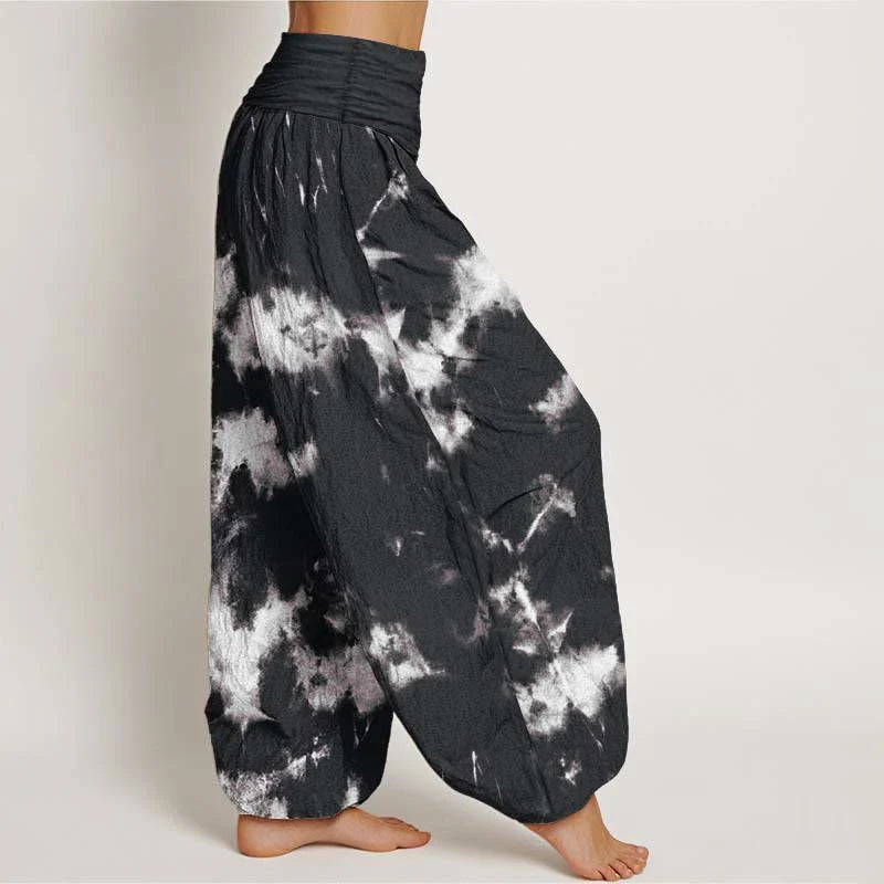 Buddha Stones Pure Cotton White Lines Spots Tie-Dye Pattern Women's Elastic Waist Harem Pants