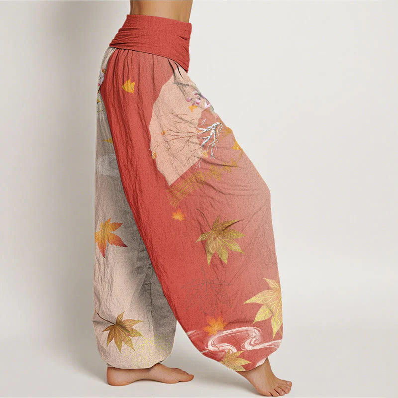 Buddha Stones Cotton Casual Folding Fan Flowers Maple Leaves Cloud Pattern Women's Elastic Waist Harem Pants