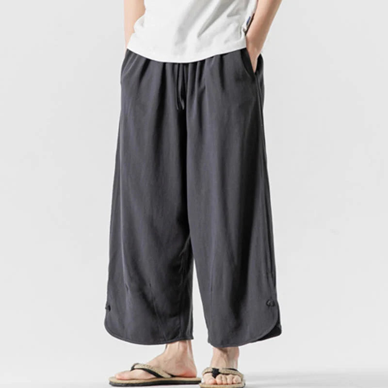 Buddha Stones Summer Plain Drawstring Design Linen Cotton Men's 7-8 Length Pants With Pockets